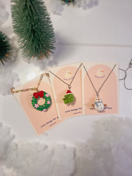 miniature necklace | christmas wreath, snowman, and santa frog